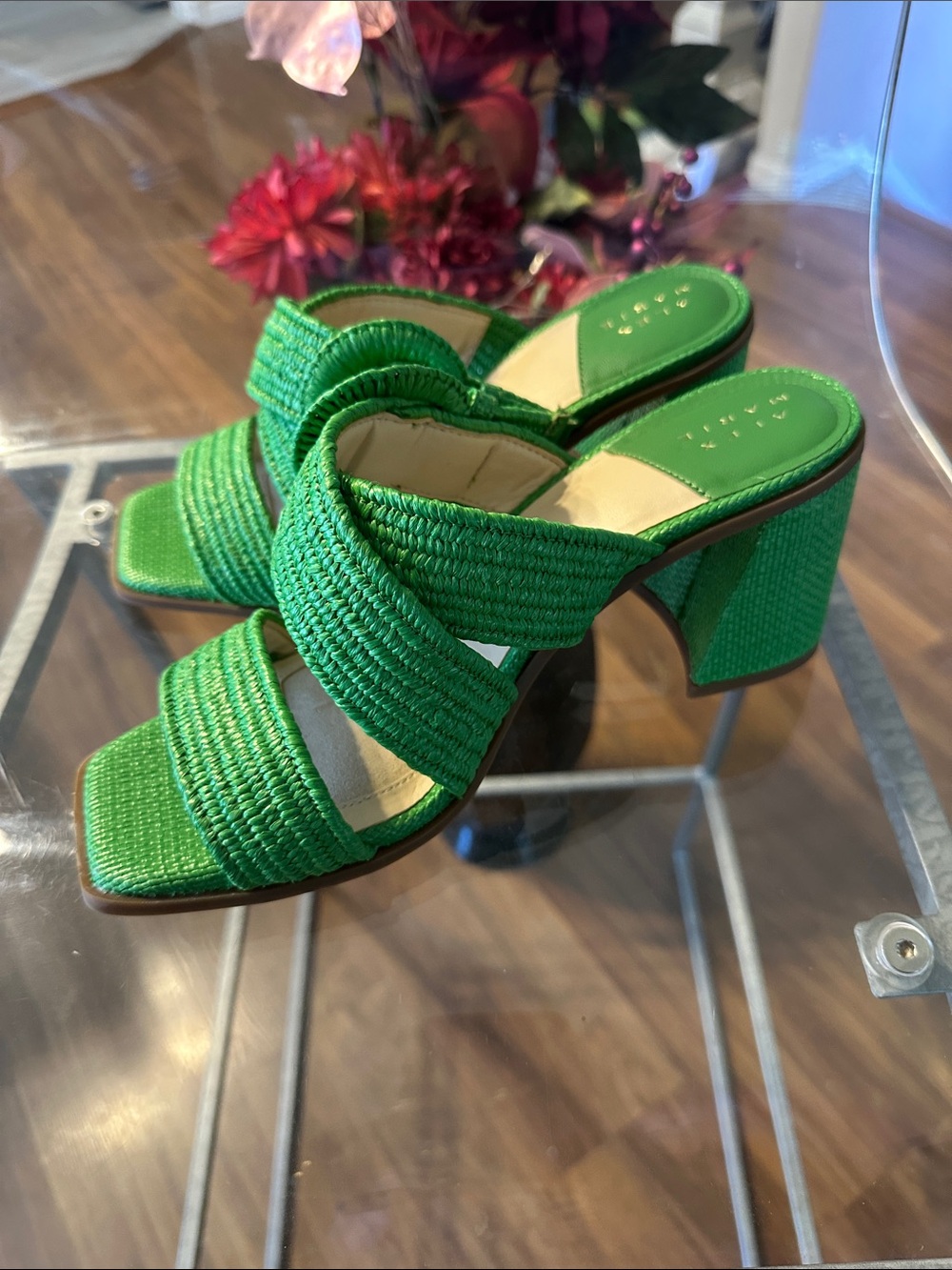 Alex Marie Green Braided Buckle Block Heel Sandals